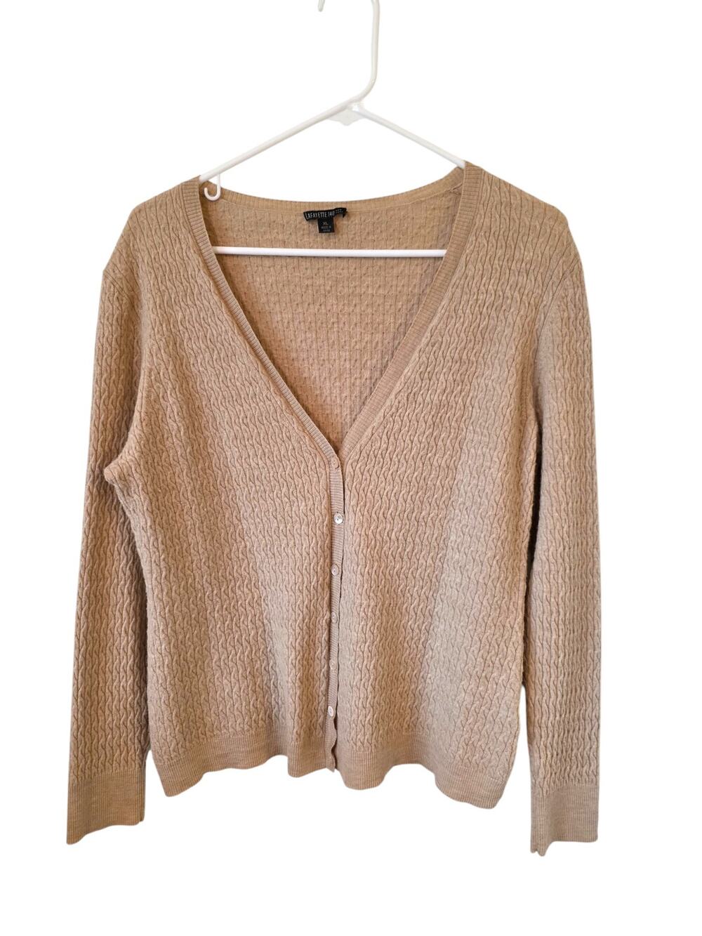 Lafayette 148 Womens Merino Wool V-Neck Cardigan Sweater Size XL Tan Beige